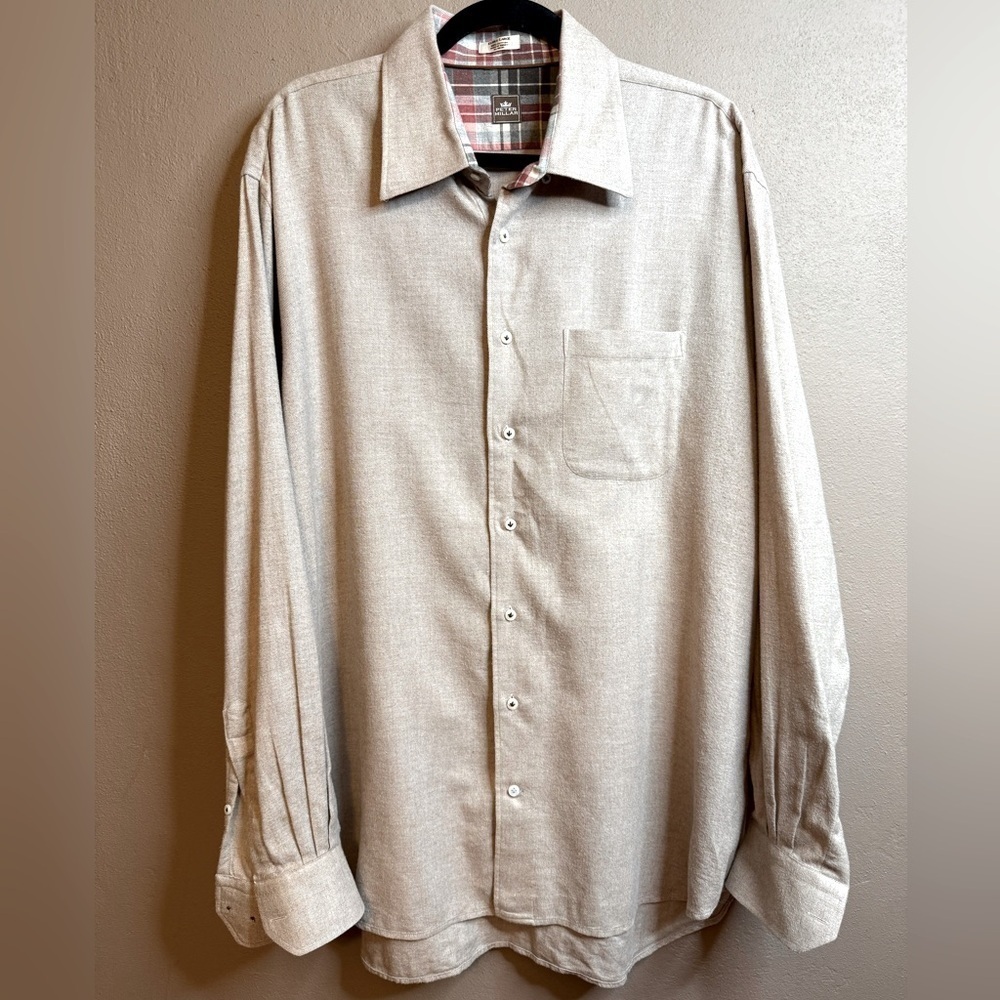 Peter Millar Long Sleeve Button Down Beige Cotton Herringbone Dress Shirt XL